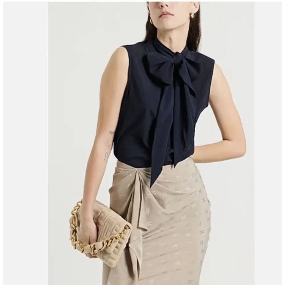 Tory Burch Womens Sleeveless Bow Blouse Top Size 10 Medium Navy Blue NWT $250